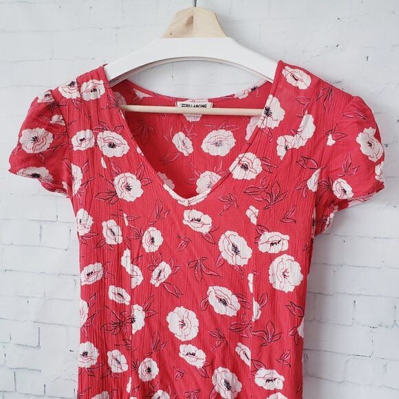 Billabong Skate Day Print Floral Mini Dress Size XS Red Skater V-Neck - Picture 3 of 9